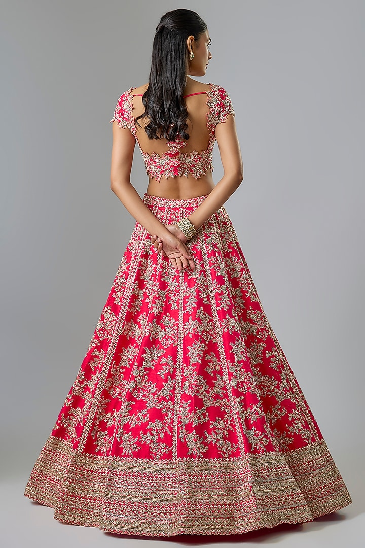 Cherry Red Organza Hand Embroidered Bridal Lehenga Set by Anushree Reddy at Pernia's Pop Up Shop