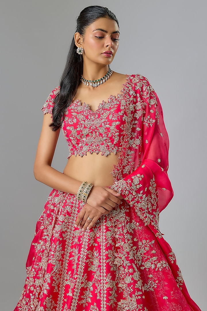 Cherry Red Organza Hand Embroidered Bridal Lehenga Set by Anushree Reddy at Pernia's Pop Up Shop