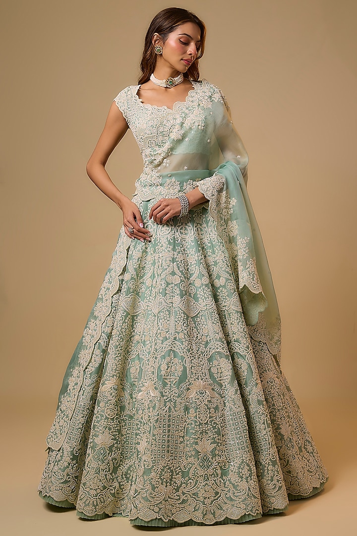 Sea Blue Organza Bridal Lehenga Set by Anushree Reddy at Pernia's Pop Up Shop