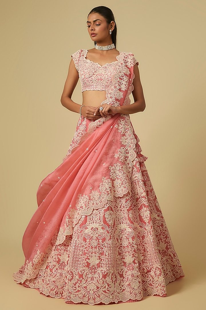 Coral Organza Hand Embroidered Bridal lehenga for 22 Lehenga Set by Anushree Reddy at Pernia's Pop Up Shop