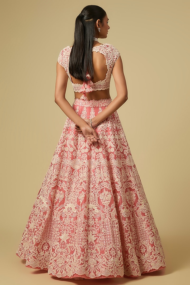 Coral Organza Hand Embroidered Bridal Lehenga Set by Anushree Reddy at Pernia's Pop Up Shop