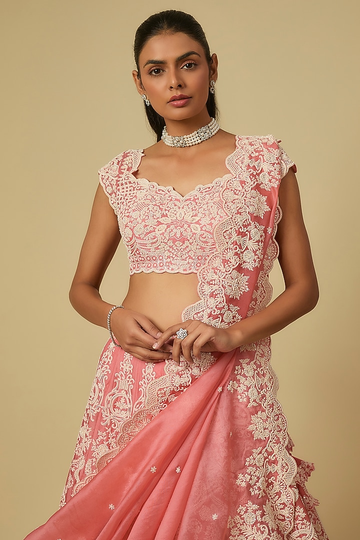 Coral Organza Hand Embroidered Bridal Lehenga Set by Anushree Reddy at Pernia's Pop Up Shop
