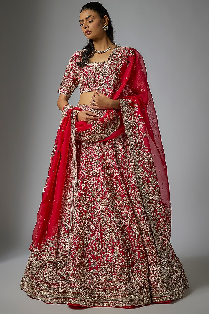 Red Organza Hand Embroidered Bridal lehenga for 22 Lehenga Set by Anushree Reddy at Pernia's Pop Up Shop