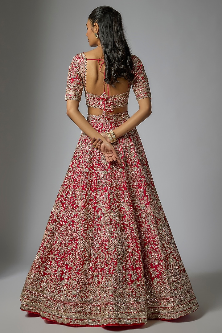 Red Organza Hand Embroidered Bridal Lehenga Set by Anushree Reddy at Pernia's Pop Up Shop