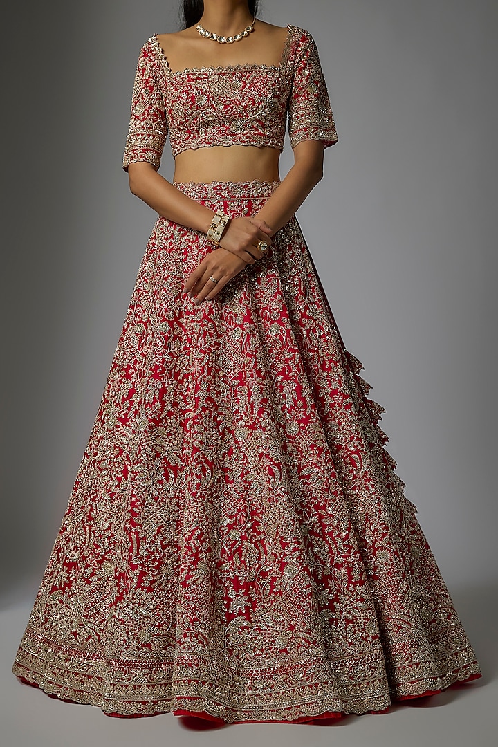 Red Organza Hand Embroidered Bridal Lehenga Set by Anushree Reddy at Pernia's Pop Up Shop