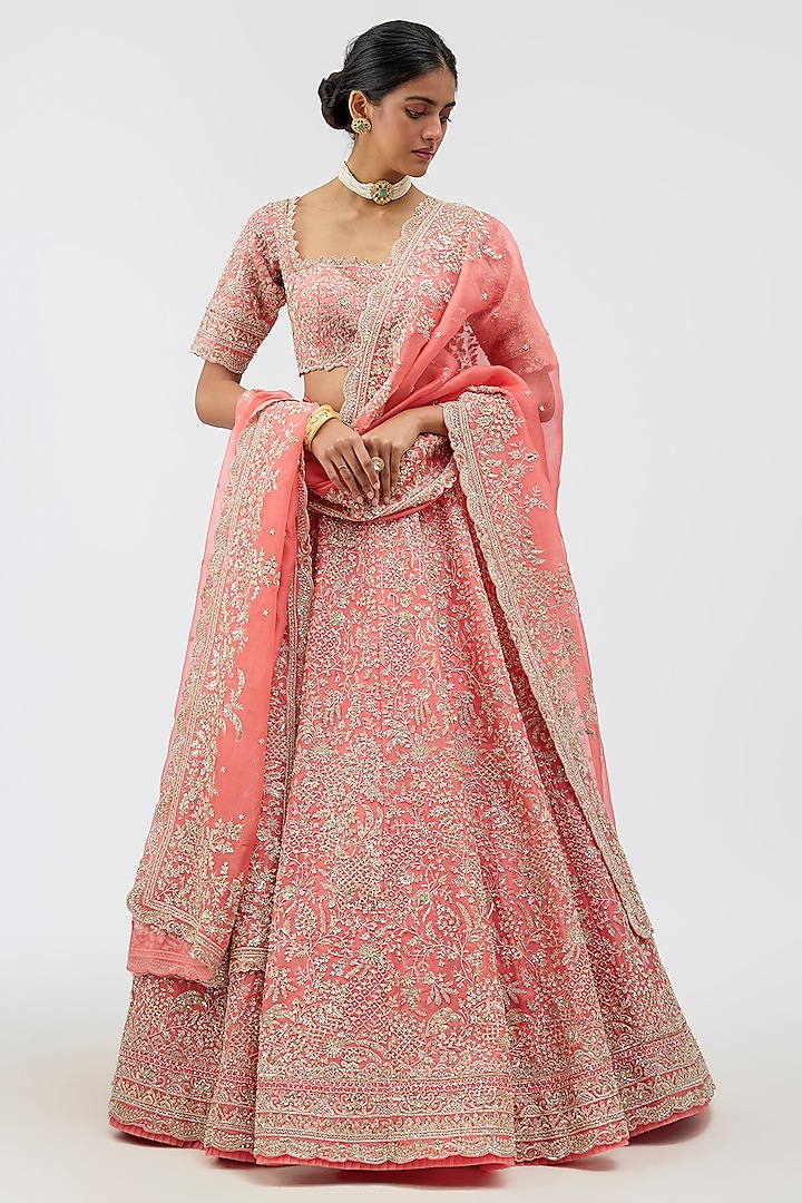 Coral Organza Hand Embroidered Bridal Lehenga Set by Anushree Reddy at Pernia's Pop Up Shop