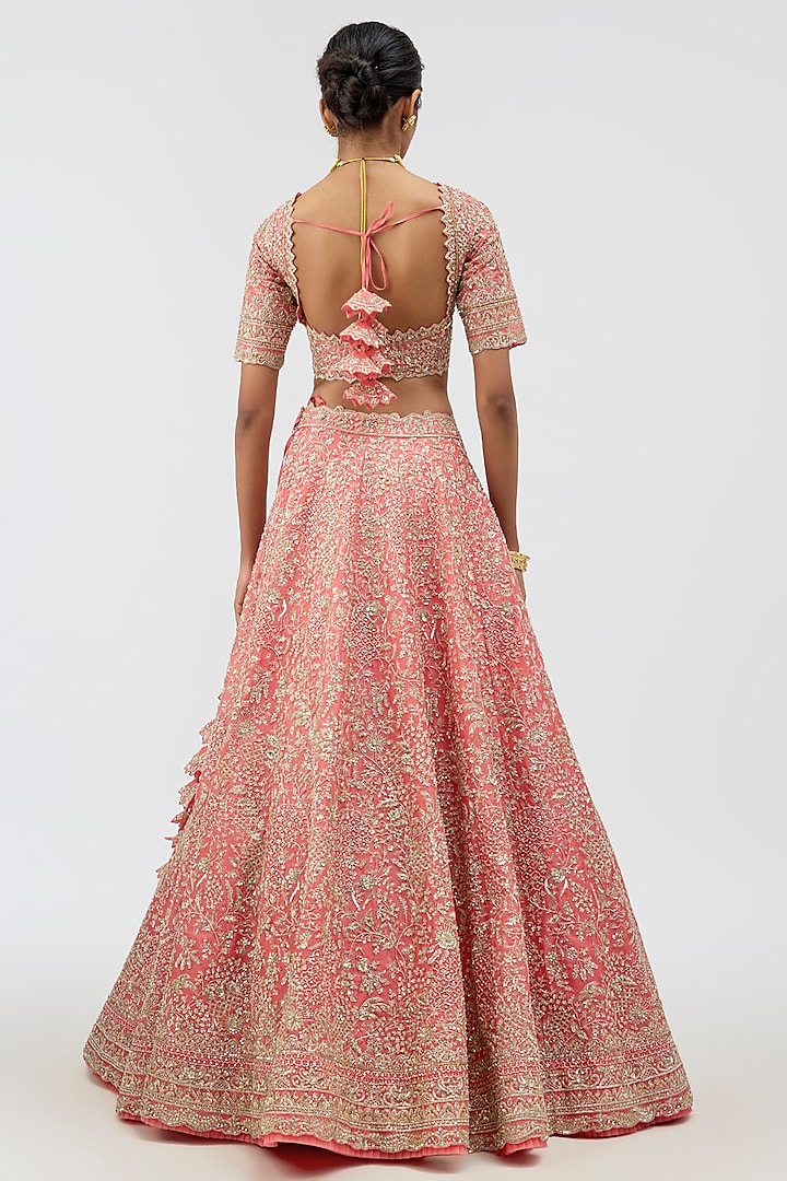 Coral Organza Hand Embroidered Bridal Lehenga Set by Anushree Reddy at Pernia's Pop Up Shop