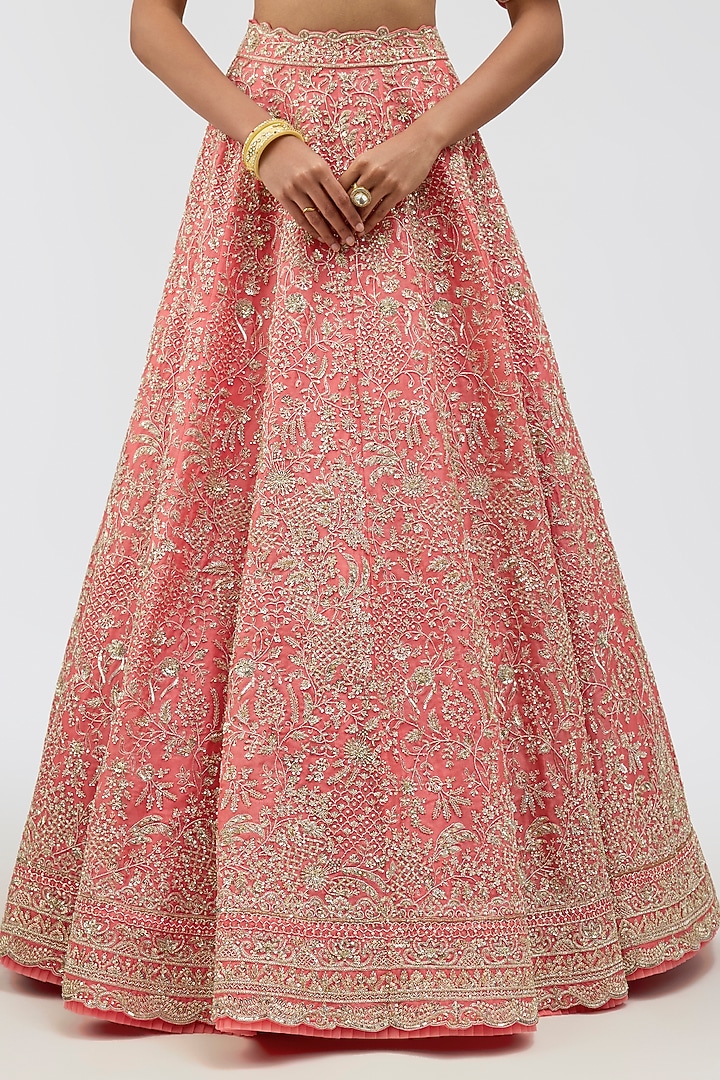 Coral Organza Hand Embroidered Bridal Lehenga Set by Anushree Reddy at Pernia's Pop Up Shop