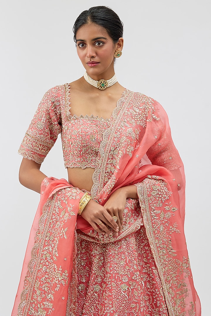 Coral Organza Hand Embroidered Bridal Lehenga Set by Anushree Reddy at Pernia's Pop Up Shop