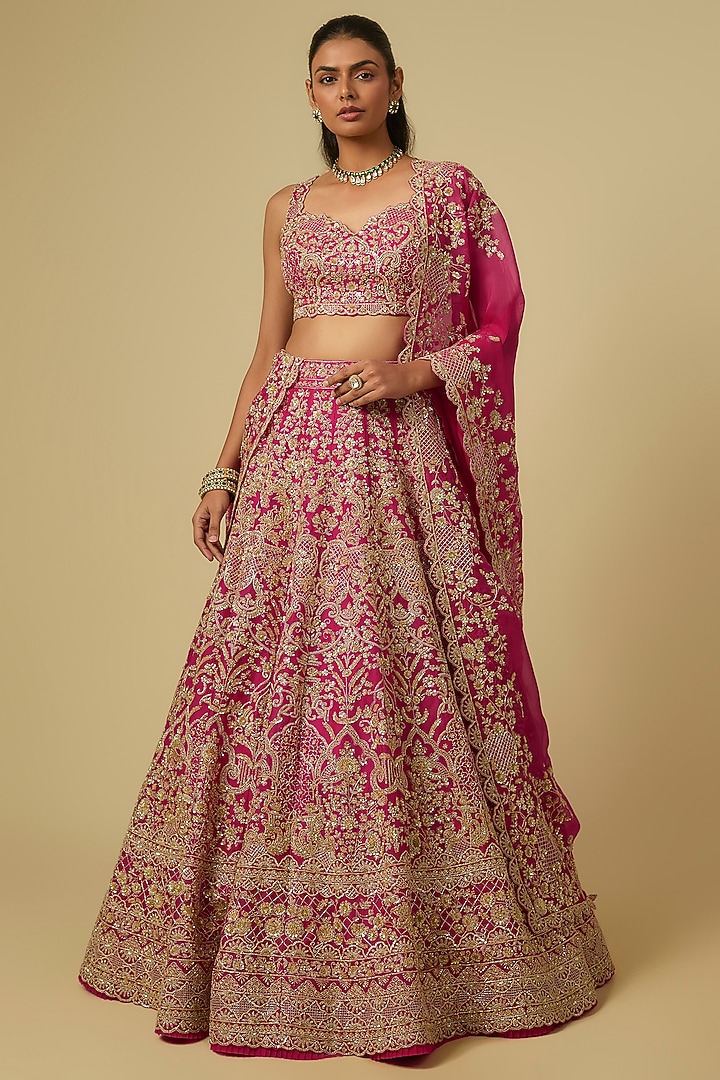 Cherry Red Organza Hand Embroidered Bridal Lehenga Set by Anushree Reddy at Pernia's Pop Up Shop