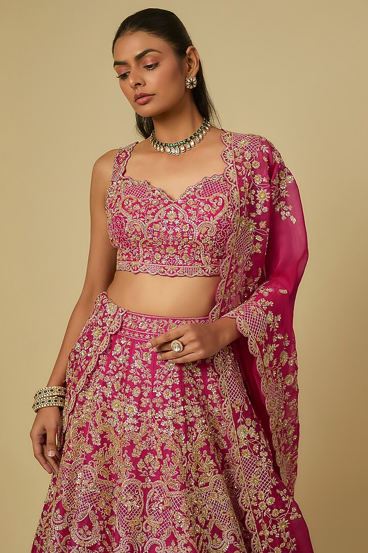 Cherry Red Organza Hand Embroidered Bridal Lehenga Set by Anushree Reddy at Pernia's Pop Up Shop