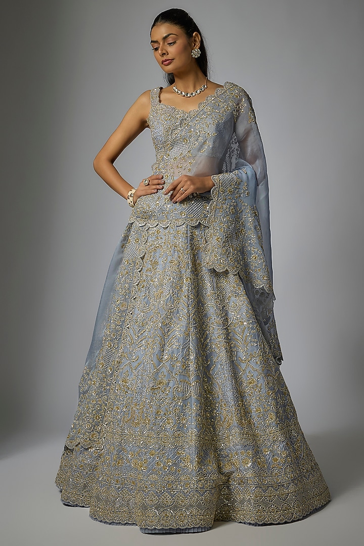 Sky Blue Organza Hand Embroidered Bridal Lehenga Set by Anushree Reddy at Pernia's Pop Up Shop