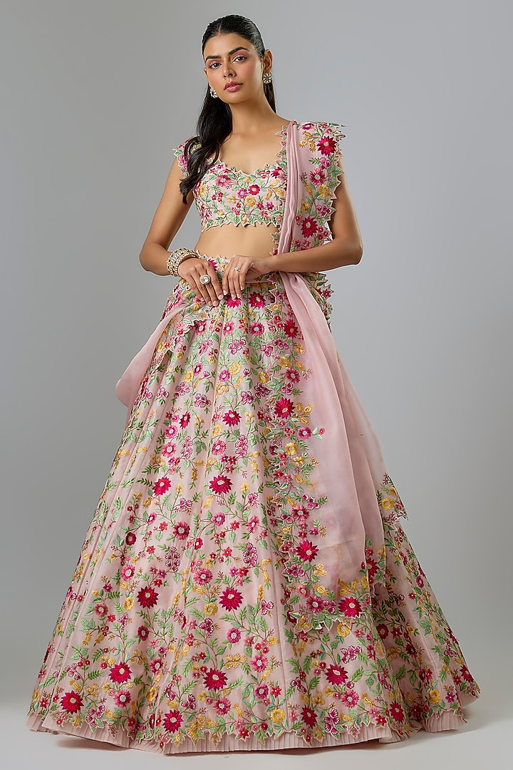 Soft Pink Organza Machine Embroidered Bridal Lehenga Set  by Anushree Reddy at Pernia's Pop Up Shop