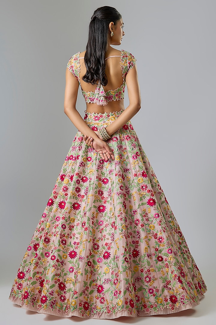 Soft Pink Organza Machine Embroidered Bridal Lehenga Set  by Anushree Reddy at Pernia's Pop Up Shop