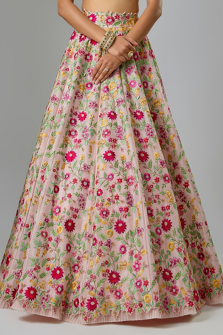 Soft Pink Organza Machine Embroidered Bridal Lehenga Set  by Anushree Reddy at Pernia's Pop Up Shop
