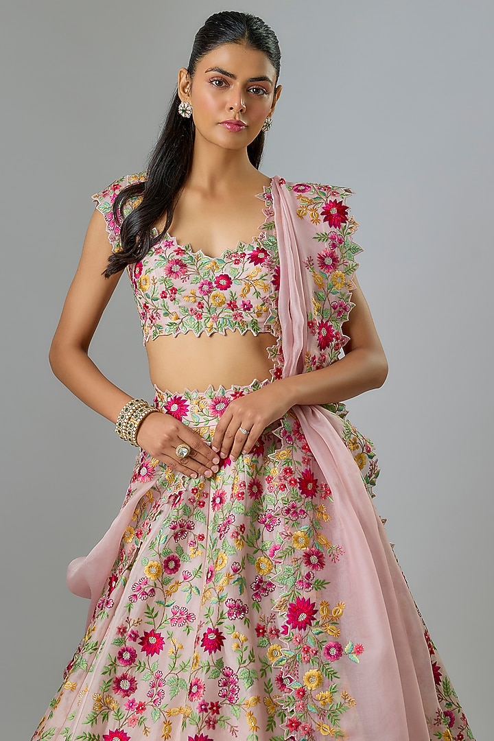 Soft Pink Organza Machine Embroidered Bridal Lehenga Set  by Anushree Reddy at Pernia's Pop Up Shop