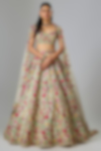 Ivory Organza Machine Embroidered Bridal Lehenga Set  by Anushree Reddy at Pernia's Pop Up Shop