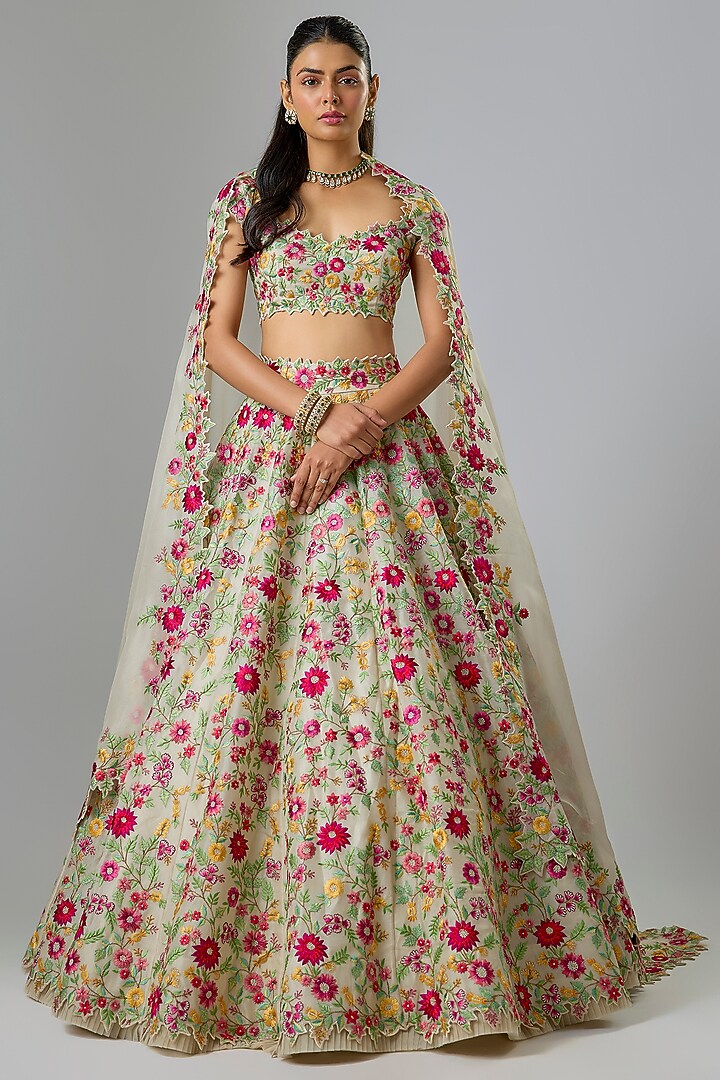 Ivory Organza Machine Embroidered Bridal Lehenga Set  by Anushree Reddy at Pernia's Pop Up Shop