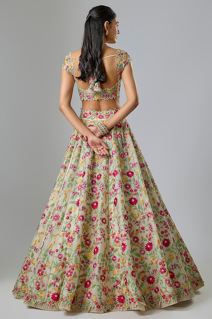 Ivory Organza Machine Embroidered Bridal Lehenga Set by Anushree Reddy at Pernia's Pop Up Shop