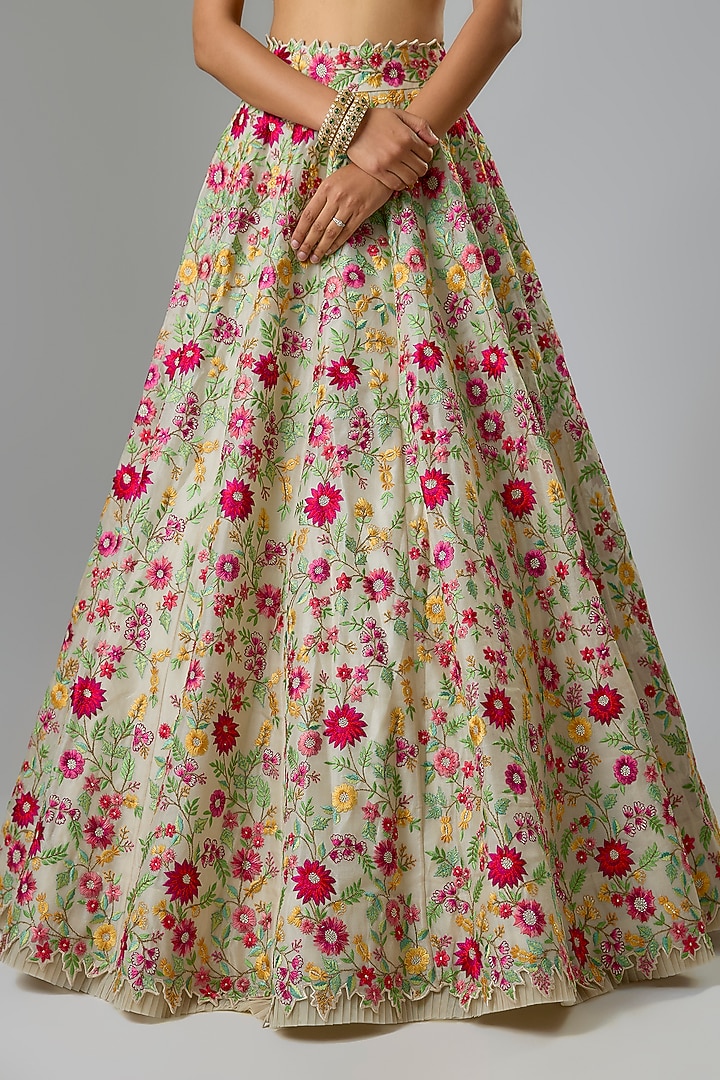 Ivory Organza Machine Embroidered Bridal Lehenga Set by Anushree Reddy at Pernia's Pop Up Shop