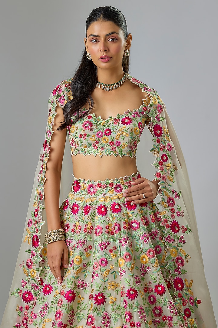 Ivory Organza Machine Embroidered Bridal Lehenga Set by Anushree Reddy at Pernia's Pop Up Shop