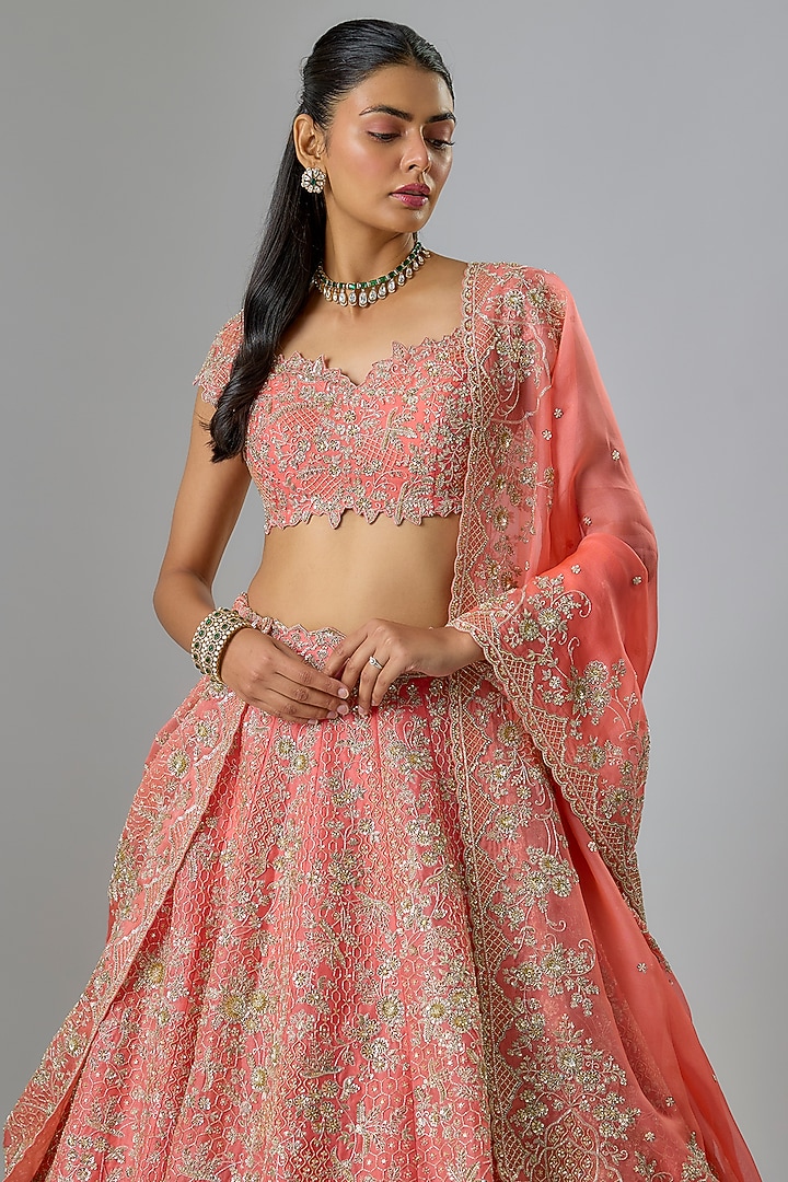 Coral Organza Bridal Lehenga Set by Anushree Reddy at Pernia's Pop Up Shop
