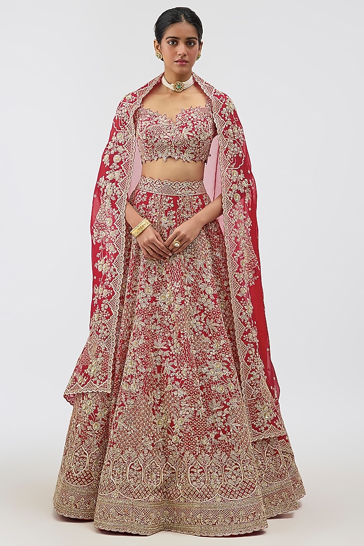 Red Organza Hand Embroidered Bridal Lehenga Set by Anushree Reddy at Pernia's Pop Up Shop
