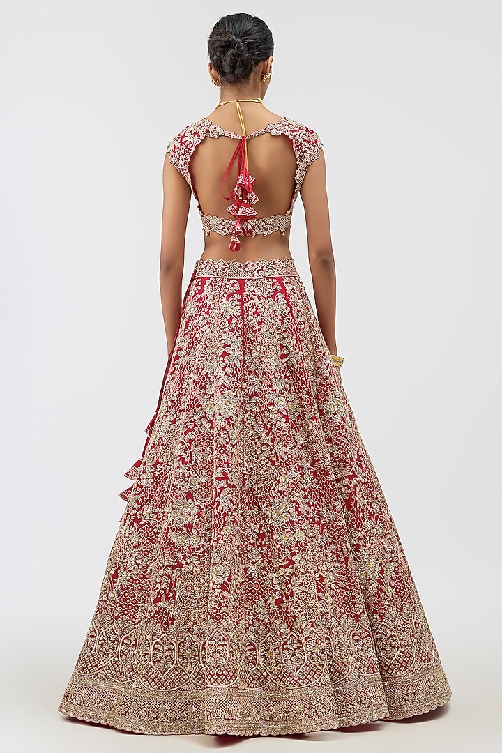 Red Organza Hand Embroidered Bridal Lehenga Set by Anushree Reddy at Pernia's Pop Up Shop
