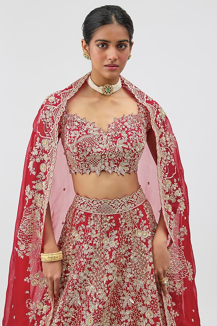 Red Organza Hand Embroidered Bridal Lehenga Set by Anushree Reddy at Pernia's Pop Up Shop
