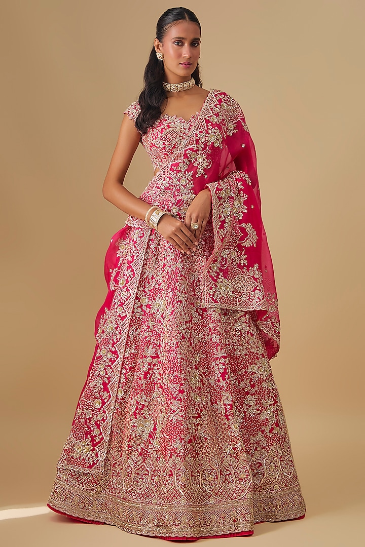 Cherry Red Organza Bridal Lehenga Set by Anushree Reddy at Pernia's Pop Up Shop