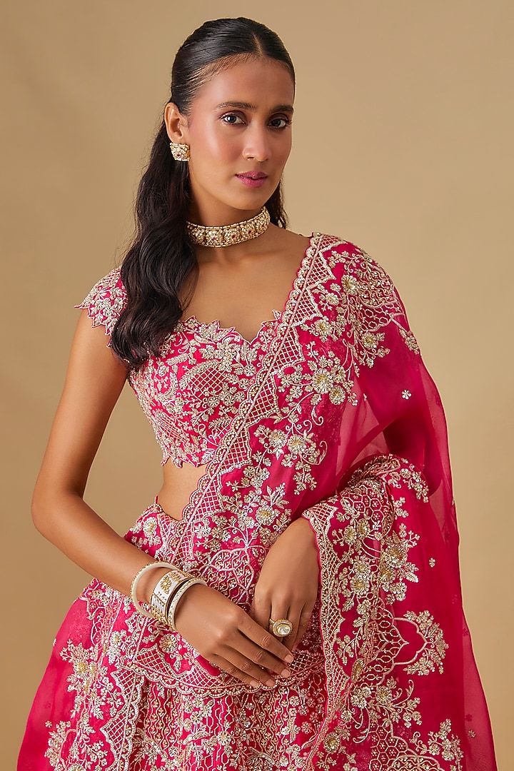 Cherry Red Organza Bridal Lehenga Set by Anushree Reddy at Pernia's Pop Up Shop