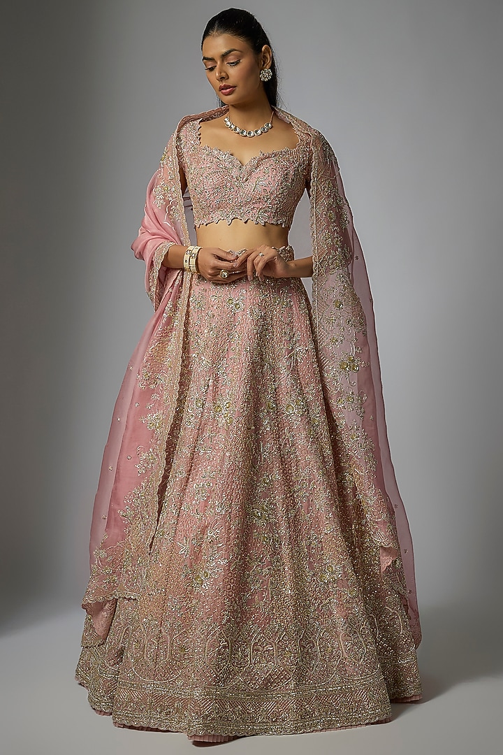 Blush Pink Organza Hand Embroidered Bridal Lehenga Set by Anushree Reddy at Pernia's Pop Up Shop