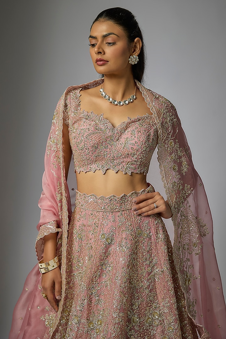 Blush Pink Organza Hand Embroidered Bridal Lehenga Set by Anushree Reddy at Pernia's Pop Up Shop