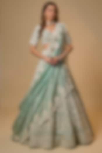 Sea Blue Organza Hand Embroidered Bridal Lehenga Set by Anushree Reddy at Pernia's Pop Up Shop