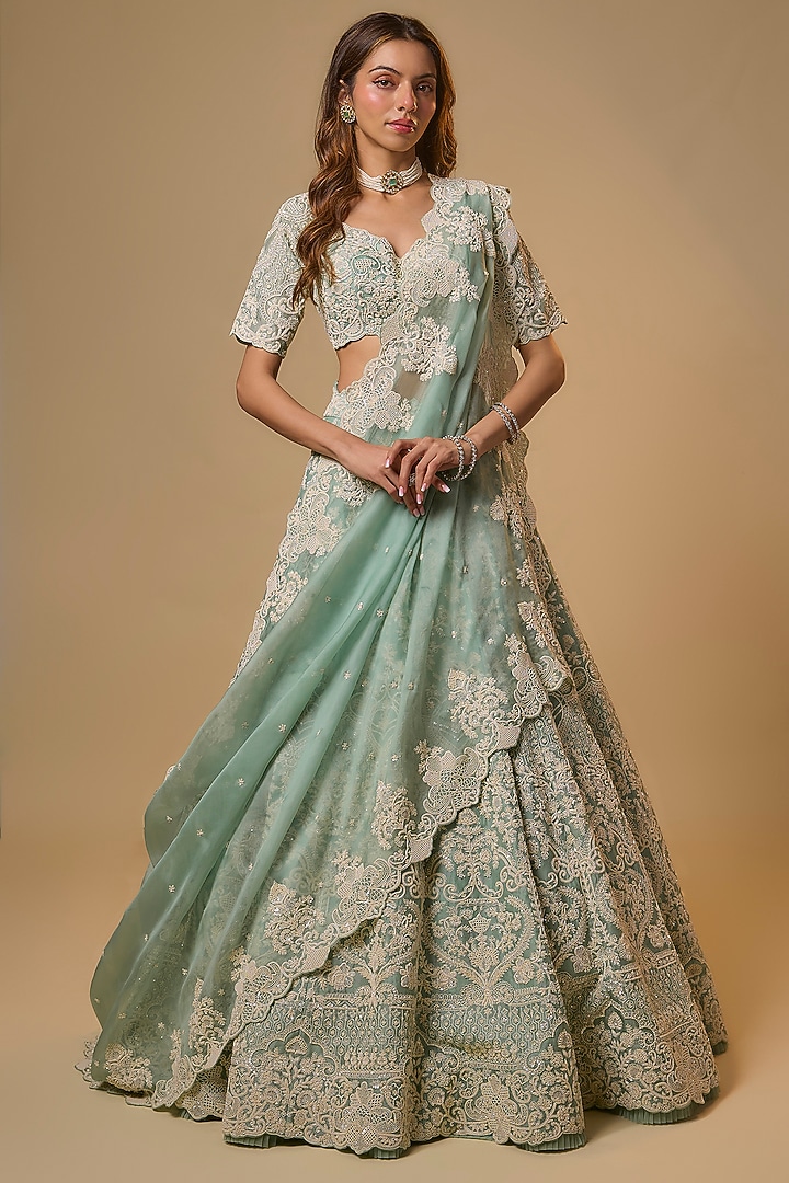 Sea Blue Organza Hand Embroidered Bridal Lehenga Set by Anushree Reddy at Pernia's Pop Up Shop