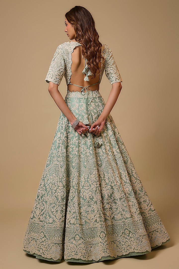 Sea Blue Organza Hand Embroidered Bridal Lehenga Set by Anushree Reddy at Pernia's Pop Up Shop