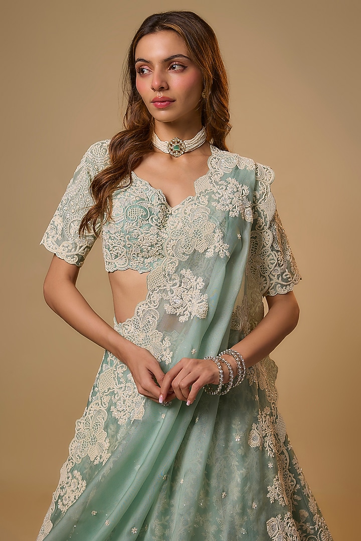 Sea Blue Organza Hand Embroidered Bridal Lehenga Set by Anushree Reddy at Pernia's Pop Up Shop