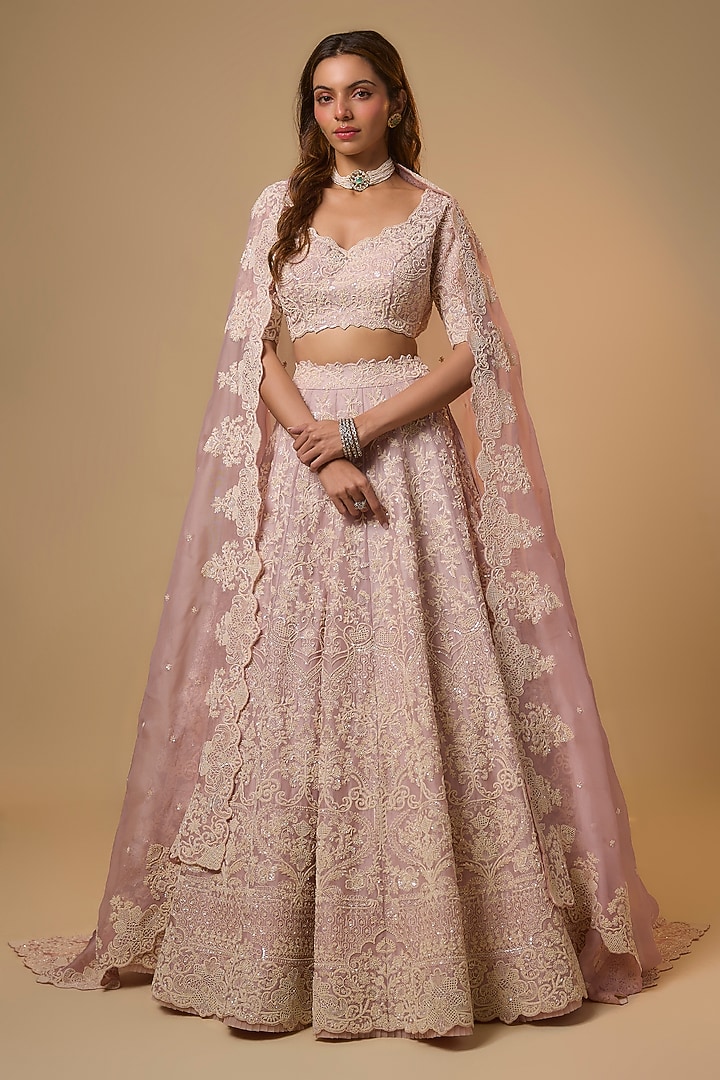 Soft Pink Organza Hand Embroidered Bridal Lehenga Set by Anushree Reddy at Pernia's Pop Up Shop
