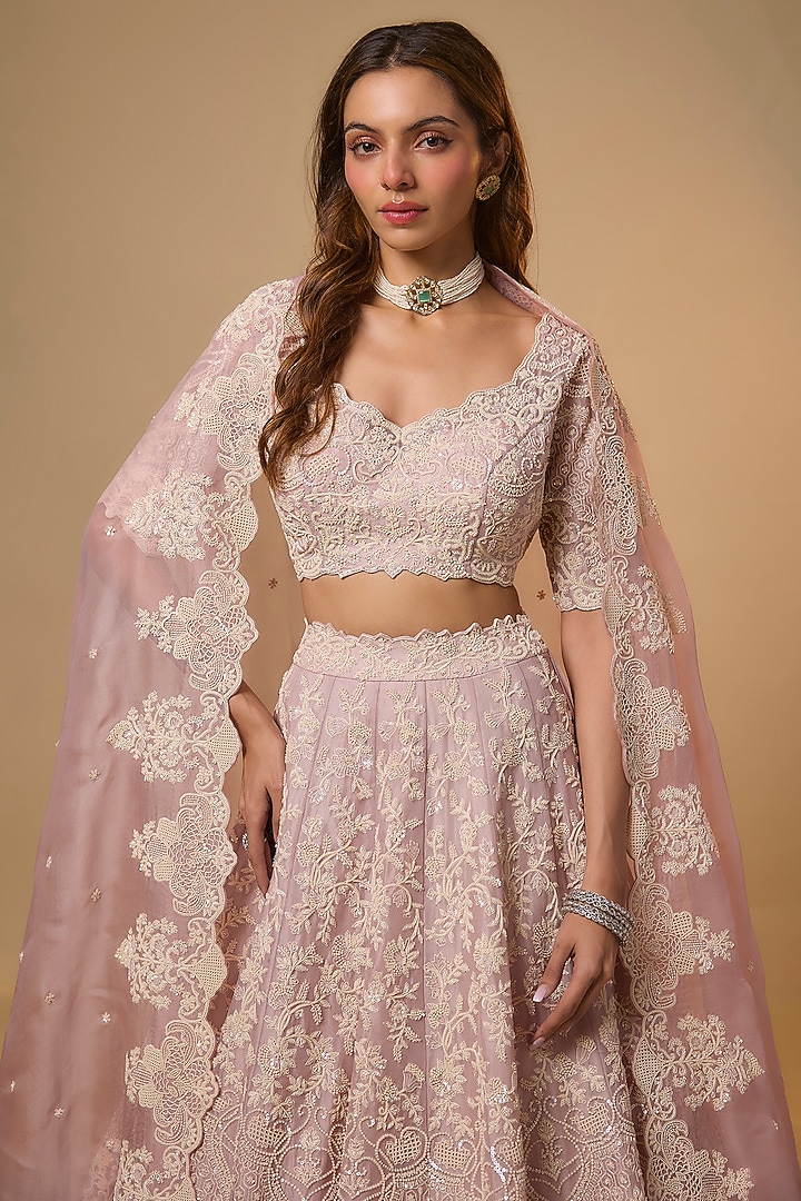 Soft Pink Organza Hand Embroidered Bridal Lehenga Set by Anushree Reddy at Pernia's Pop Up Shop