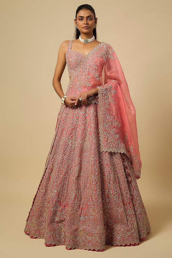 Coral Organza Hand Embroidered Bridal Lehenga Set by Anushree Reddy at Pernia's Pop Up Shop