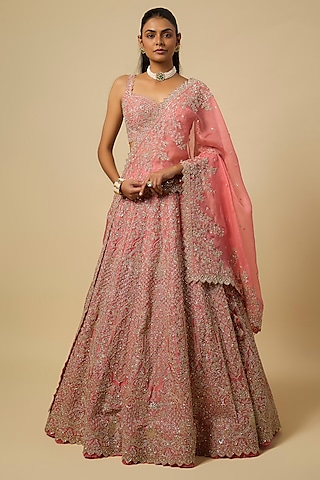 Coral Organza Hand Embroidered Lehenga Set by Anushree Reddy