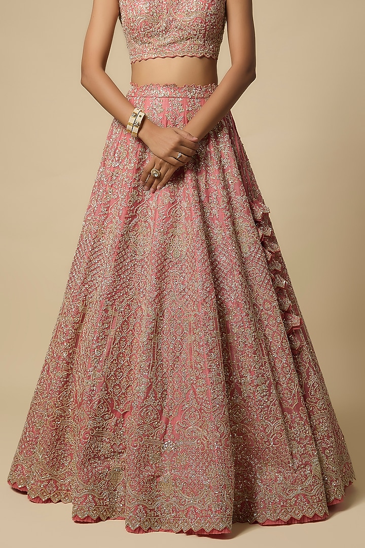 Coral Organza Hand Embroidered Bridal Lehenga Set by Anushree Reddy at Pernia's Pop Up Shop