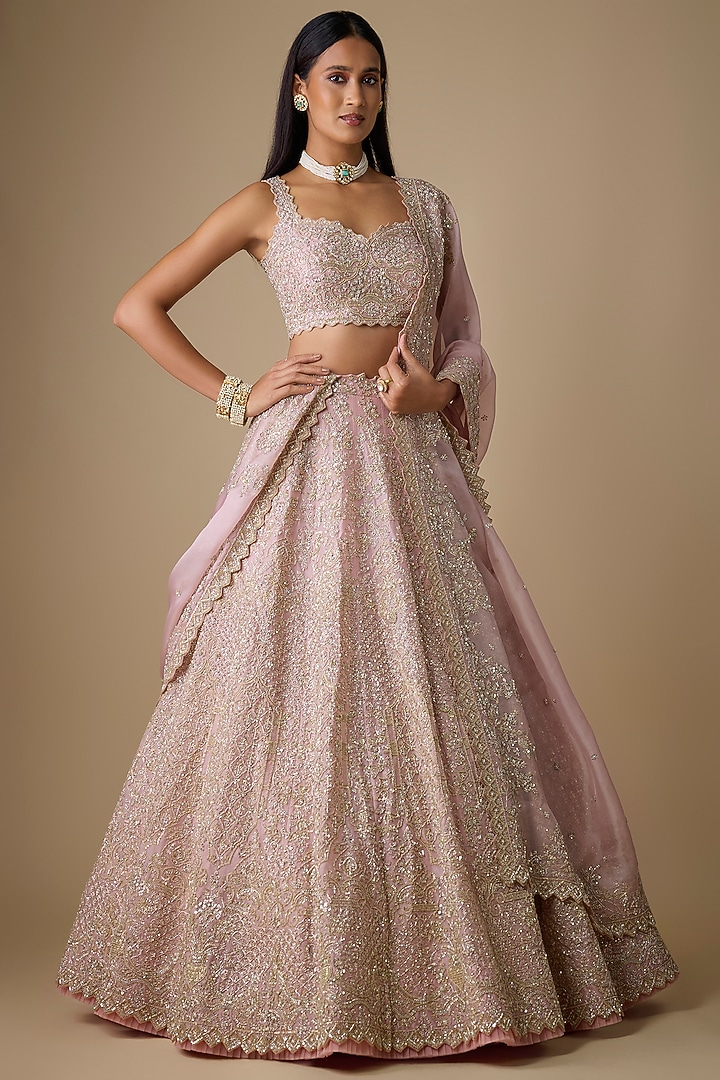 Soft Pink Organza Hand Embroidered Bridal Lehenga Set by Anushree Reddy at Pernia's Pop Up Shop
