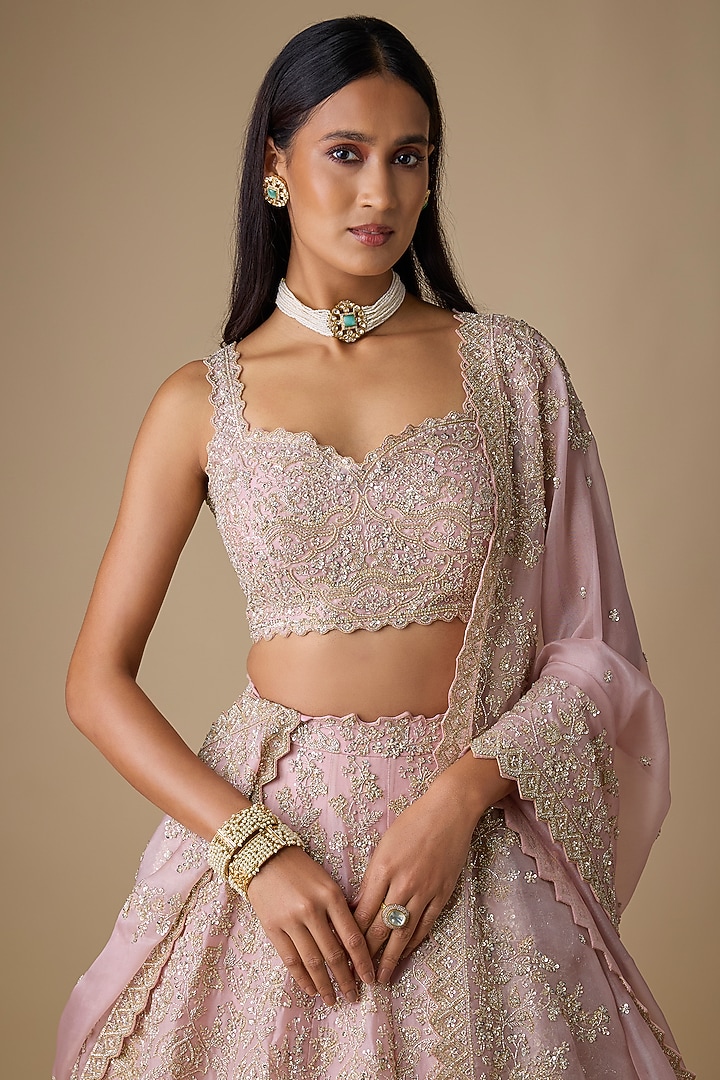 Soft Pink Organza Hand Embroidered Bridal Lehenga Set by Anushree Reddy at Pernia's Pop Up Shop