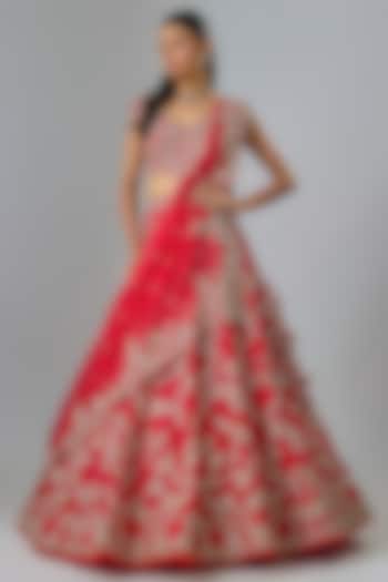 Ruby Red Organza Hand Embroidered Bridal Lehenga Set  by Anushree Reddy at Pernia's Pop Up Shop