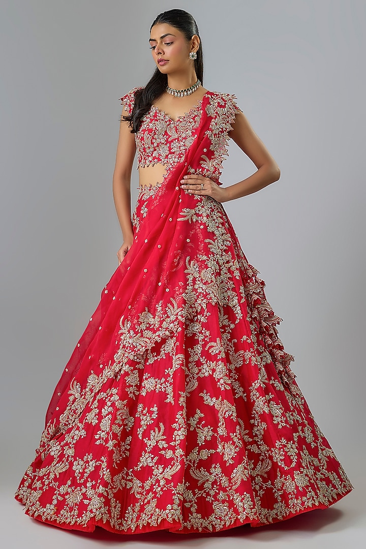 Ruby Red Organza Hand Embroidered Bridal Lehenga Set  by Anushree Reddy at Pernia's Pop Up Shop