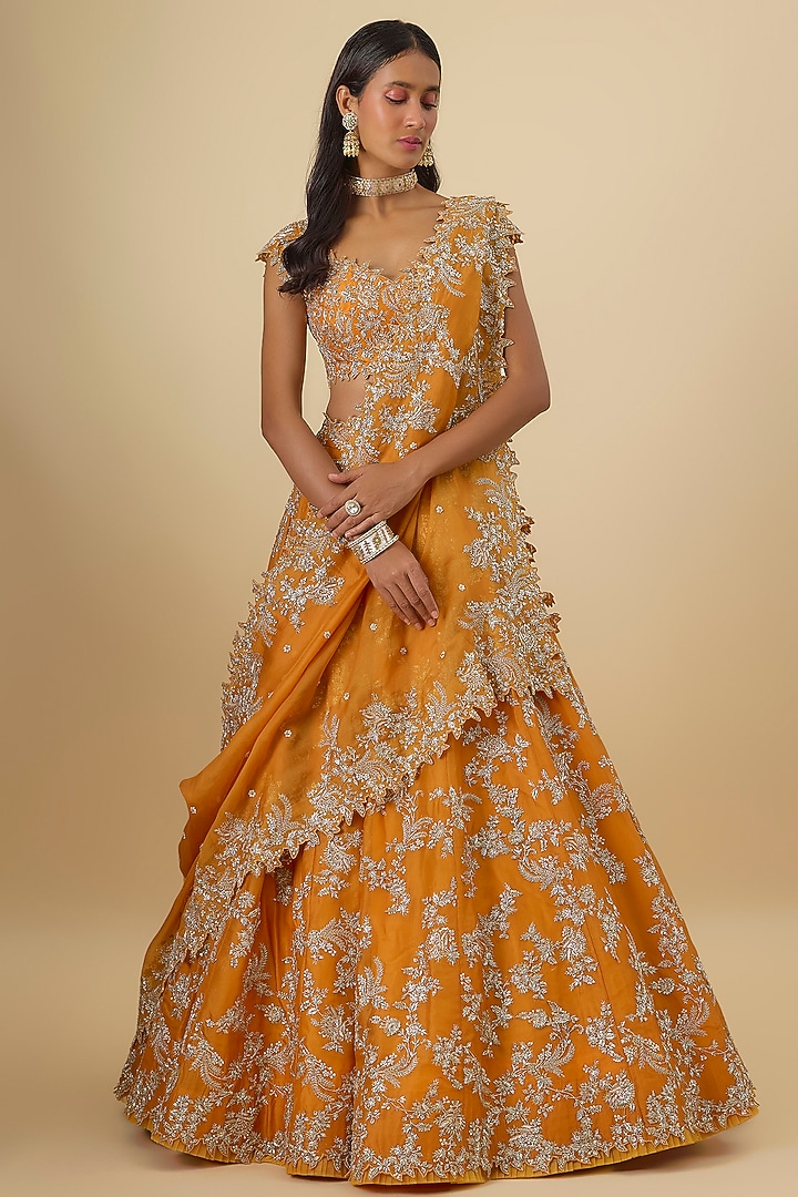 Orange Organza Hand Embroidered Bridal lehenga for 22 Lehenga Set by Anushree Reddy at Pernia's Pop Up Shop