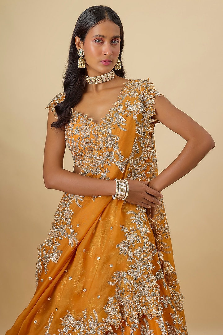 Orange Organza Hand Embroidered Bridal Lehenga Set by Anushree Reddy at Pernia's Pop Up Shop