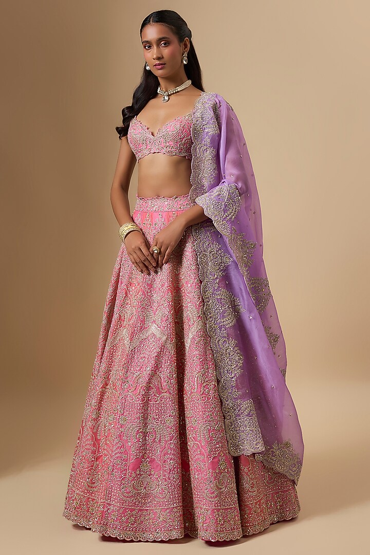 Pink & Coral Organza Hand Embroidered Bridal lehenga for 22 Lehenga Set by Anushree Reddy at Pernia's Pop Up Shop