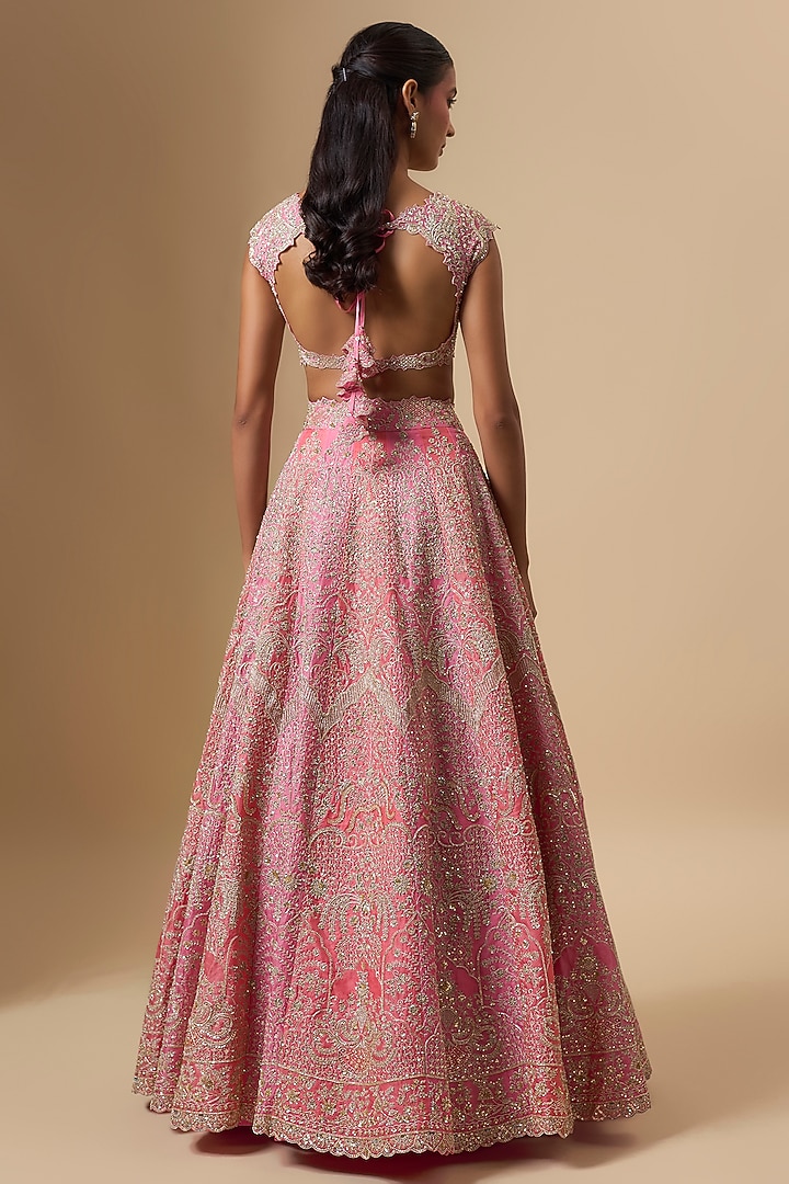 Pink & Coral Organza Hand Embroidered Bridal Lehenga Set by Anushree Reddy at Pernia's Pop Up Shop